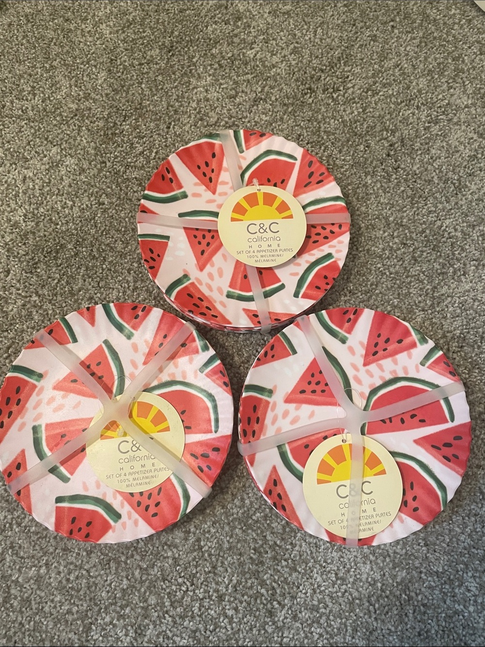 NWT C&C California Home 3 sets of 4 Watermelon appetizer melamine plates